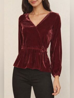 J.Crew Burgundy Velvet Wrap Top Peplum Blouse Long Sleeve Size 4